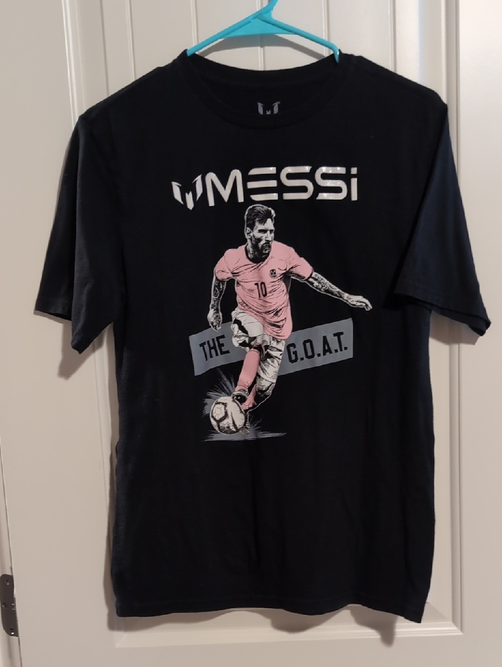 Black Messi Graphic Tee with Pink Accent